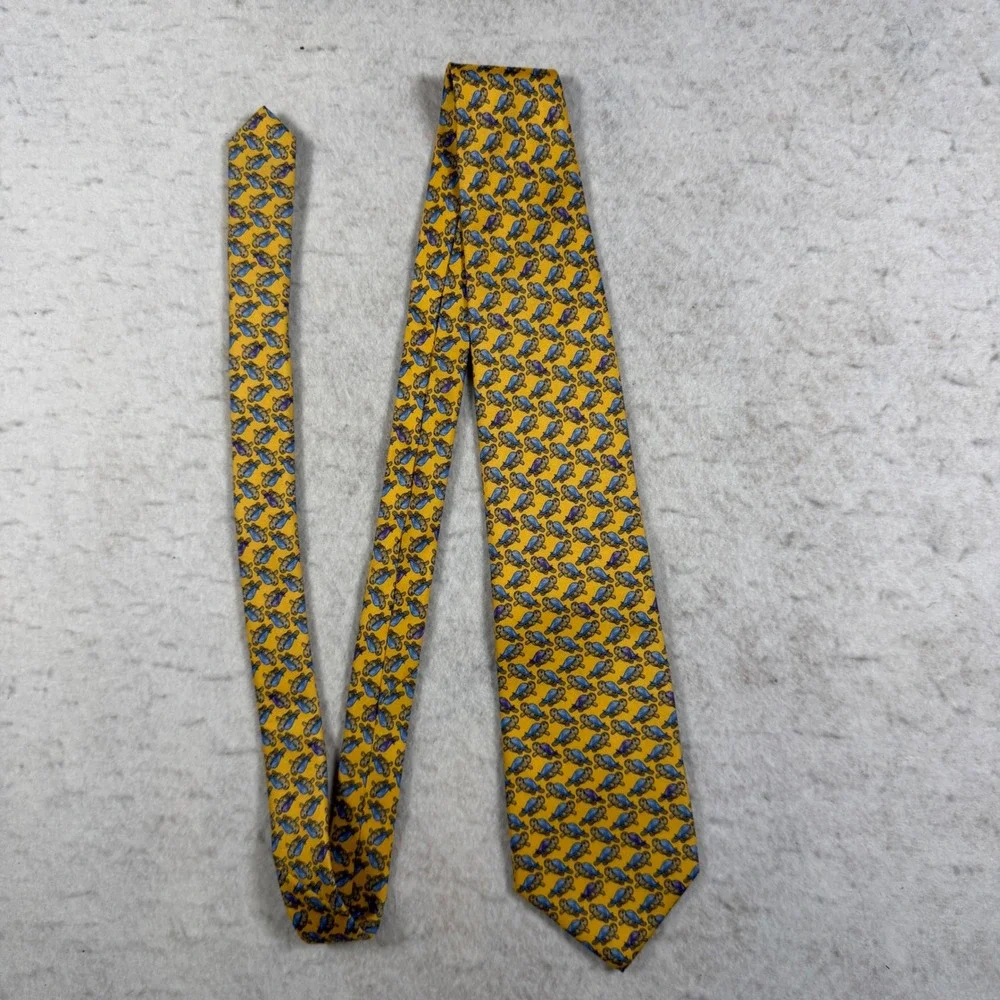 Lands End Mens Yellow Silk Sea Turtle Pattern Nautical Necktie Handsewn‎ USA